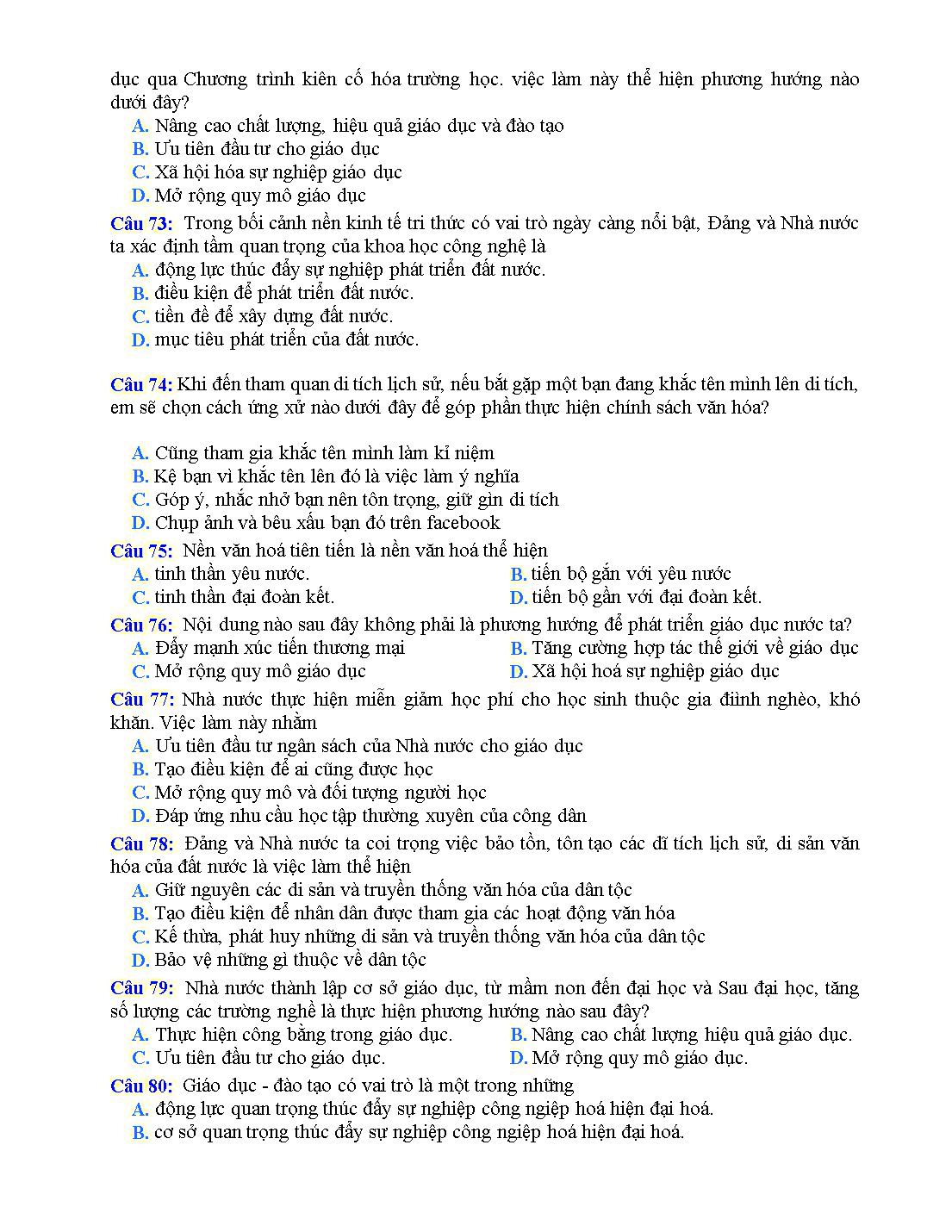 Bài tập trắc nghiệm môn Giáo dục công dân Lớp 11 - Bài 13: Chính sách giáo dục và đào tạo, khoa học và công nghệ, văn hóa trang 9