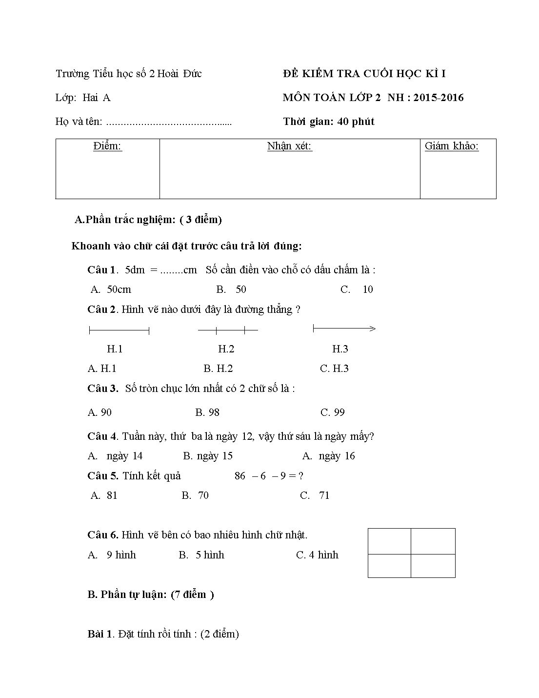 Đề kiểm tra cuối học kì I - Môn: Toán lớp 2 trang 1