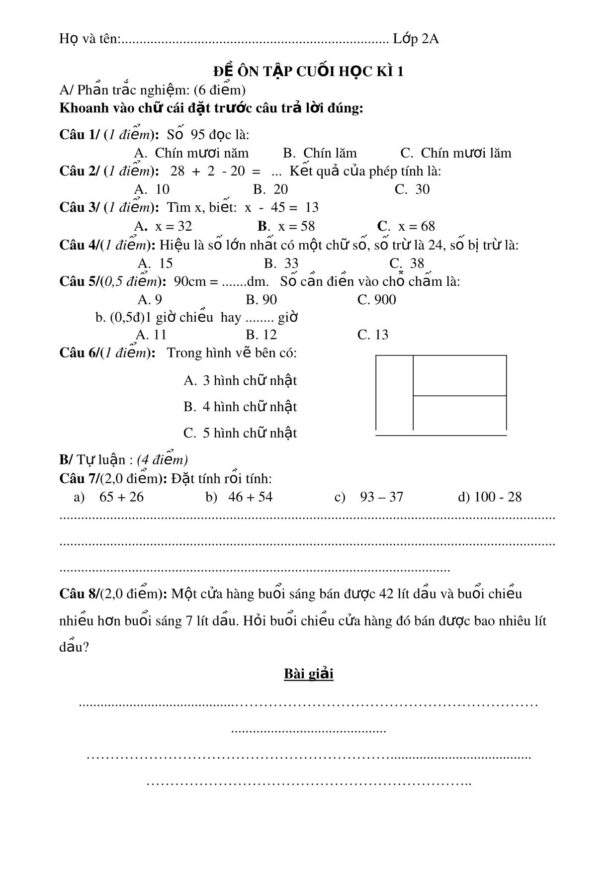 Đề ôn tập cuối học kì 1 - Môn: Toán trang 1