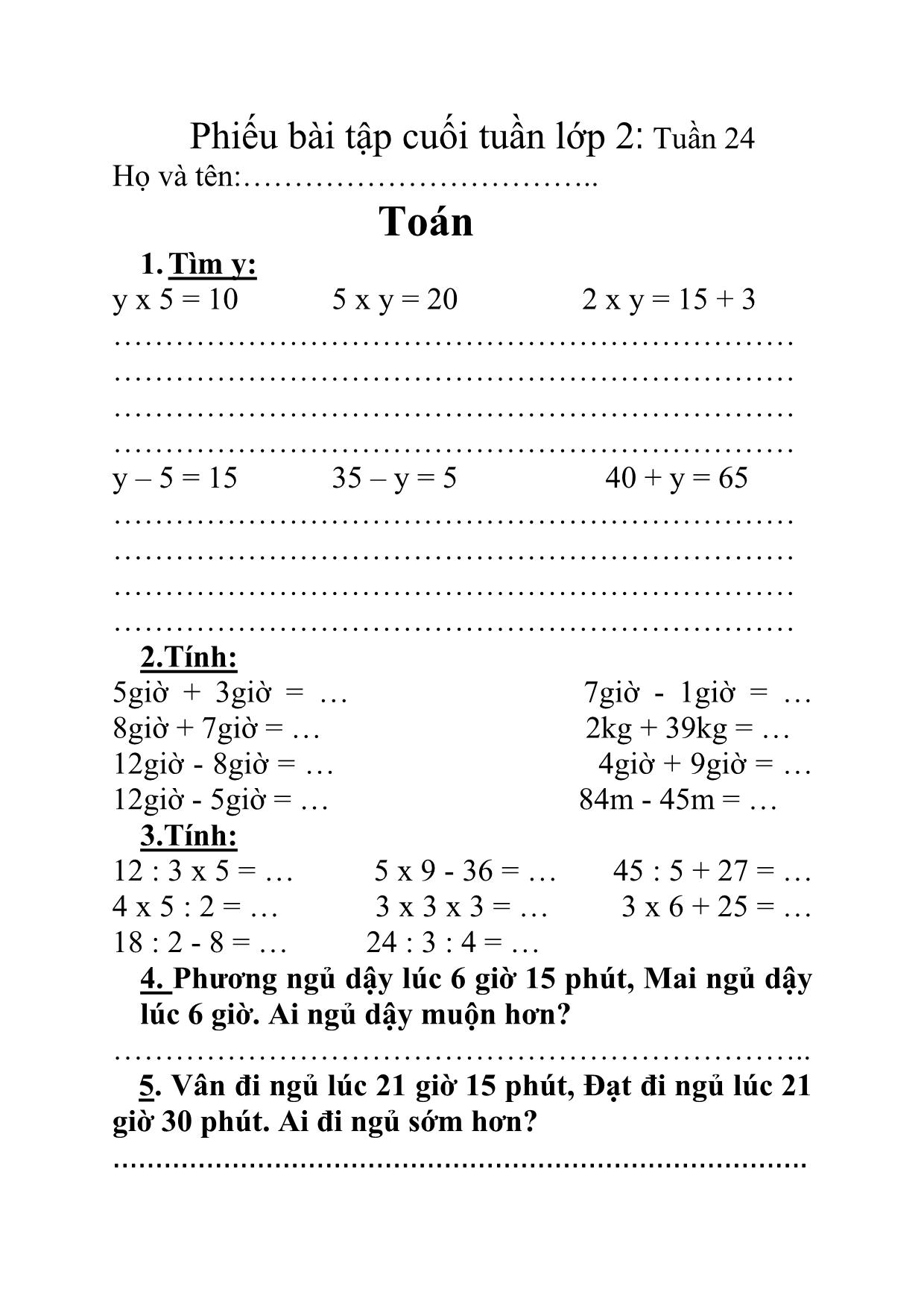 Phiếu bài tập cuối tuần lớp 2 - Tuần 24 - Môn: Toán + Tiếng Việt trang 1