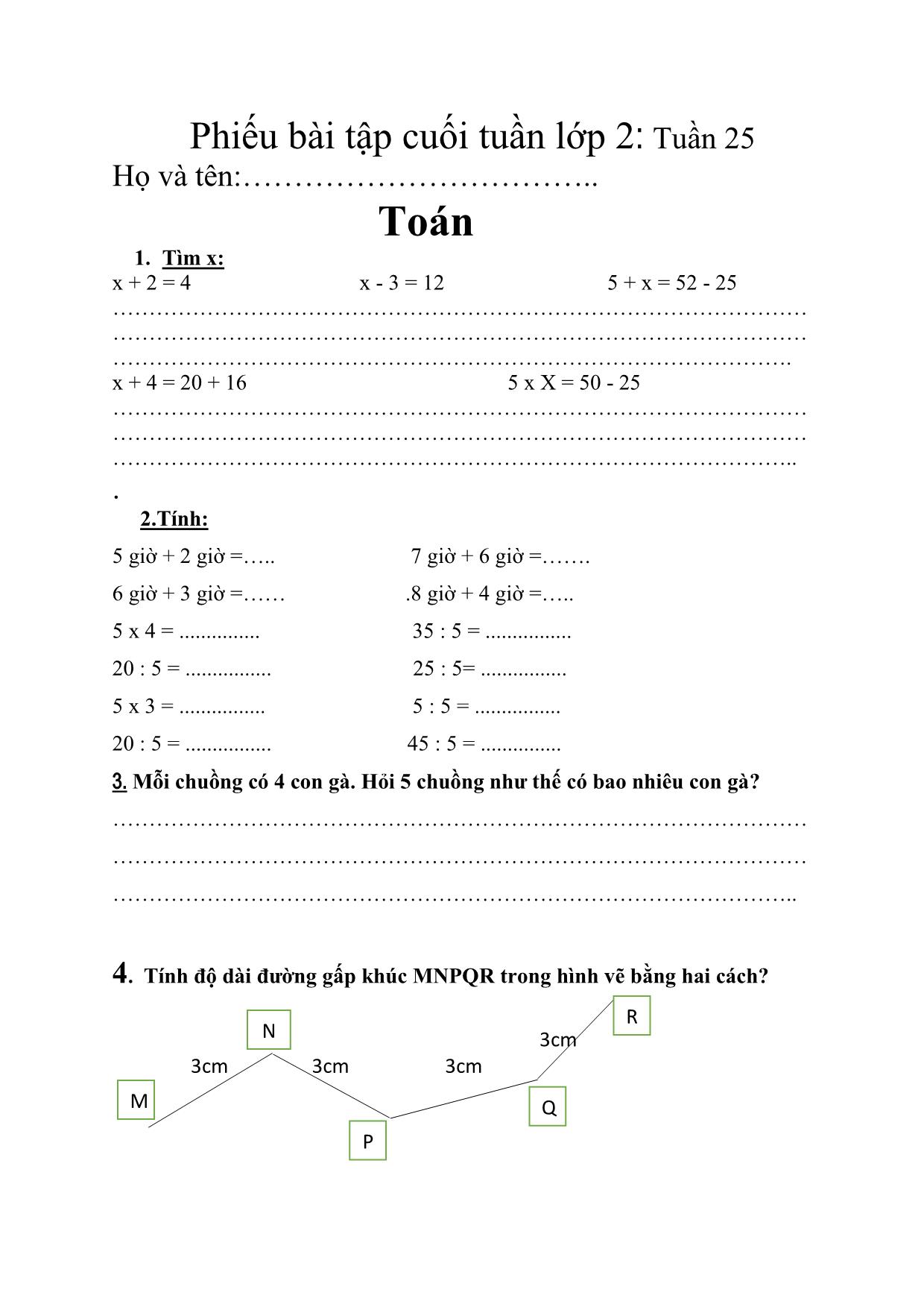 Phiếu bài tập cuối tuần lớp 2 - Tuần 25 - Môn: Toán + Tiếng Việt trang 1