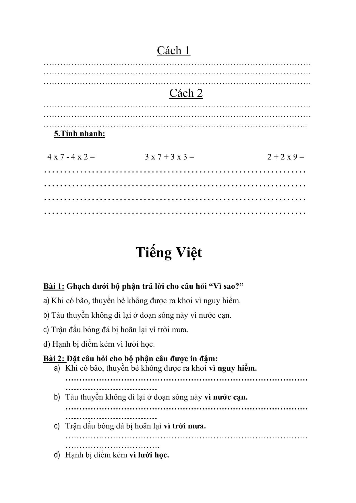 Phiếu bài tập cuối tuần lớp 2 - Tuần 25 - Môn: Toán + Tiếng Việt trang 2