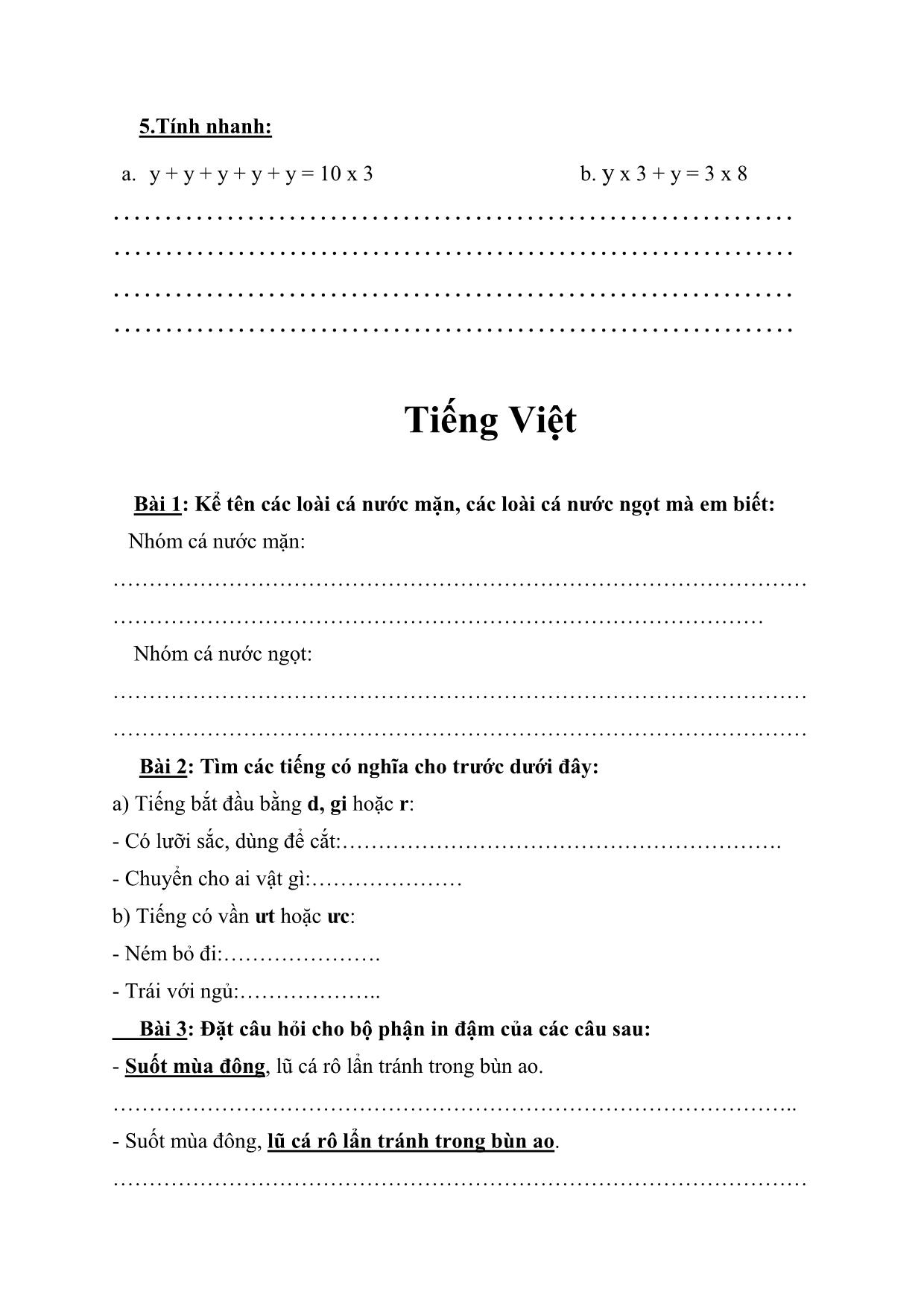 Phiếu bài tập cuối tuần lớp 2 - Tuần 26 - Môn: Toán + Tiếng Việt trang 2