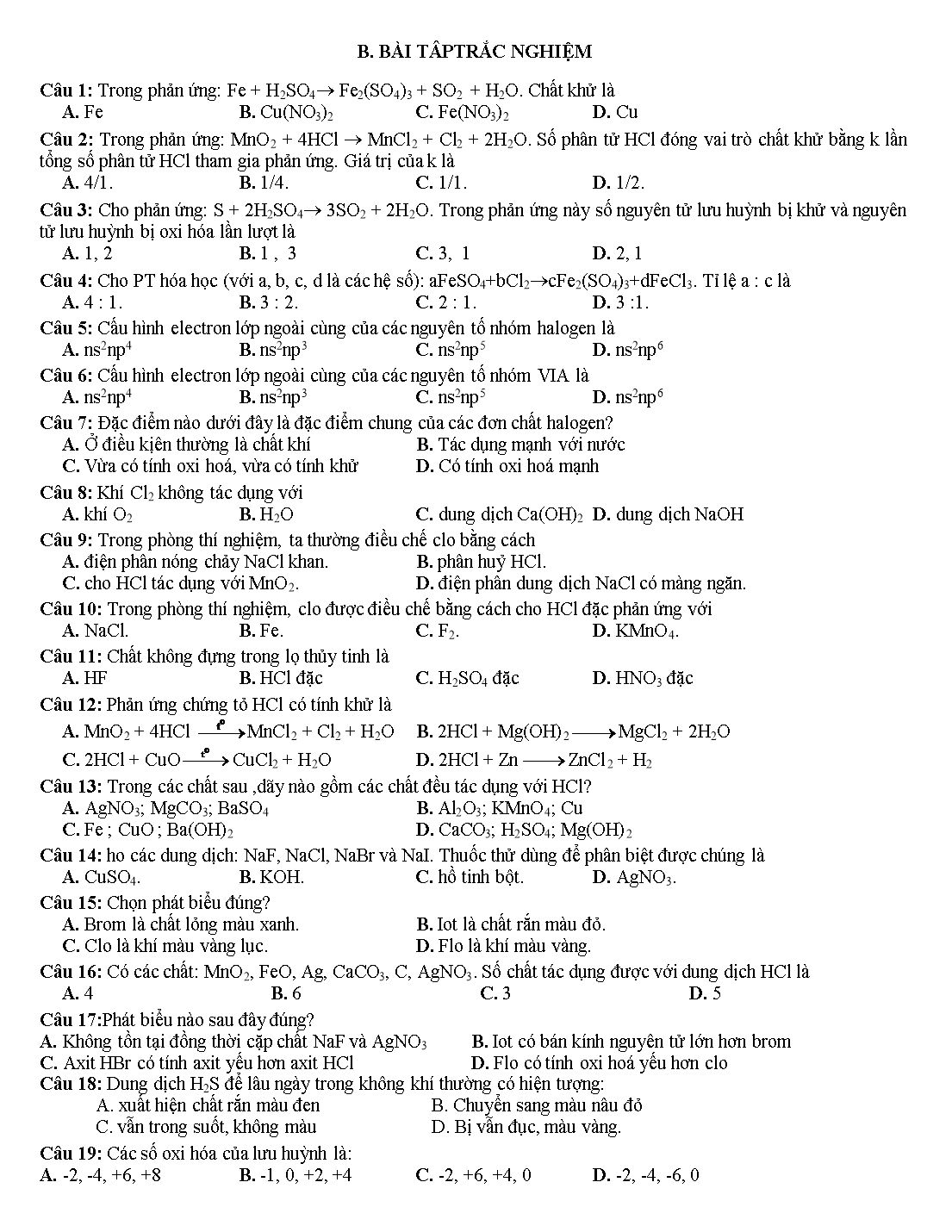 Đề cương ôn tập học kỳ 2 môn Hóa lớp 10  - Năm học 2019-2020 trang 3