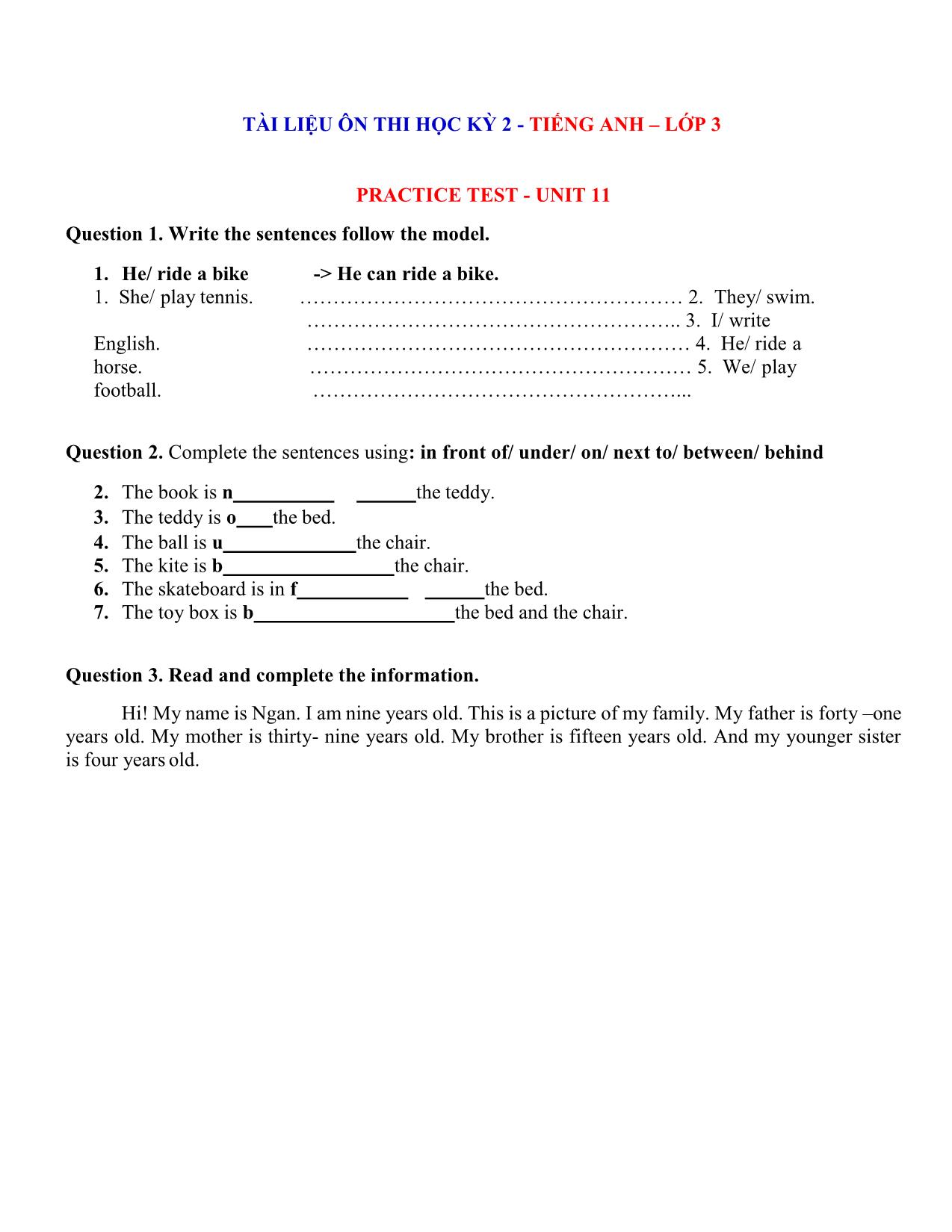 Tài liệu ôn thi học kỳ 2 - Tiếng Anh lớp 3 trang 1