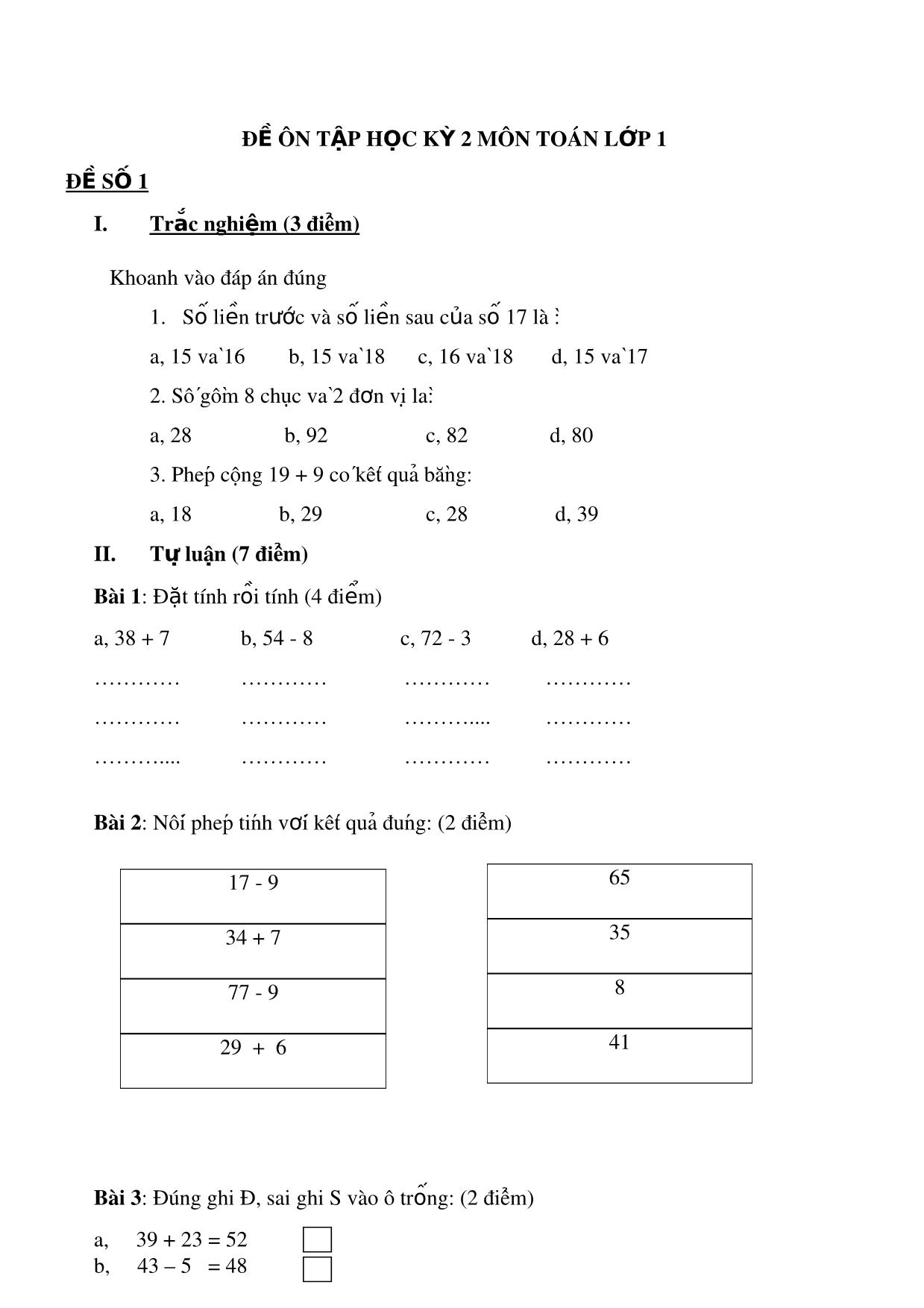 Để ôn tập học kỳ 2 môn Toán lớp 1 trang 1