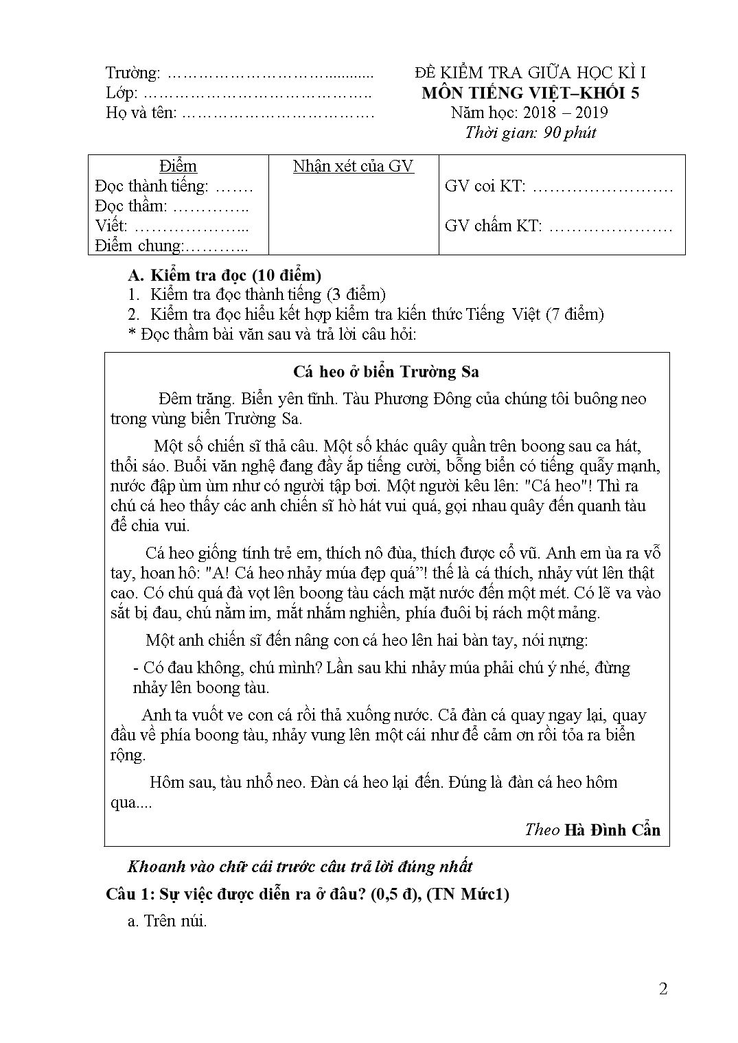 Đề kiểm tra tiếng Việt giữa kì I - Khối 5 trang 2