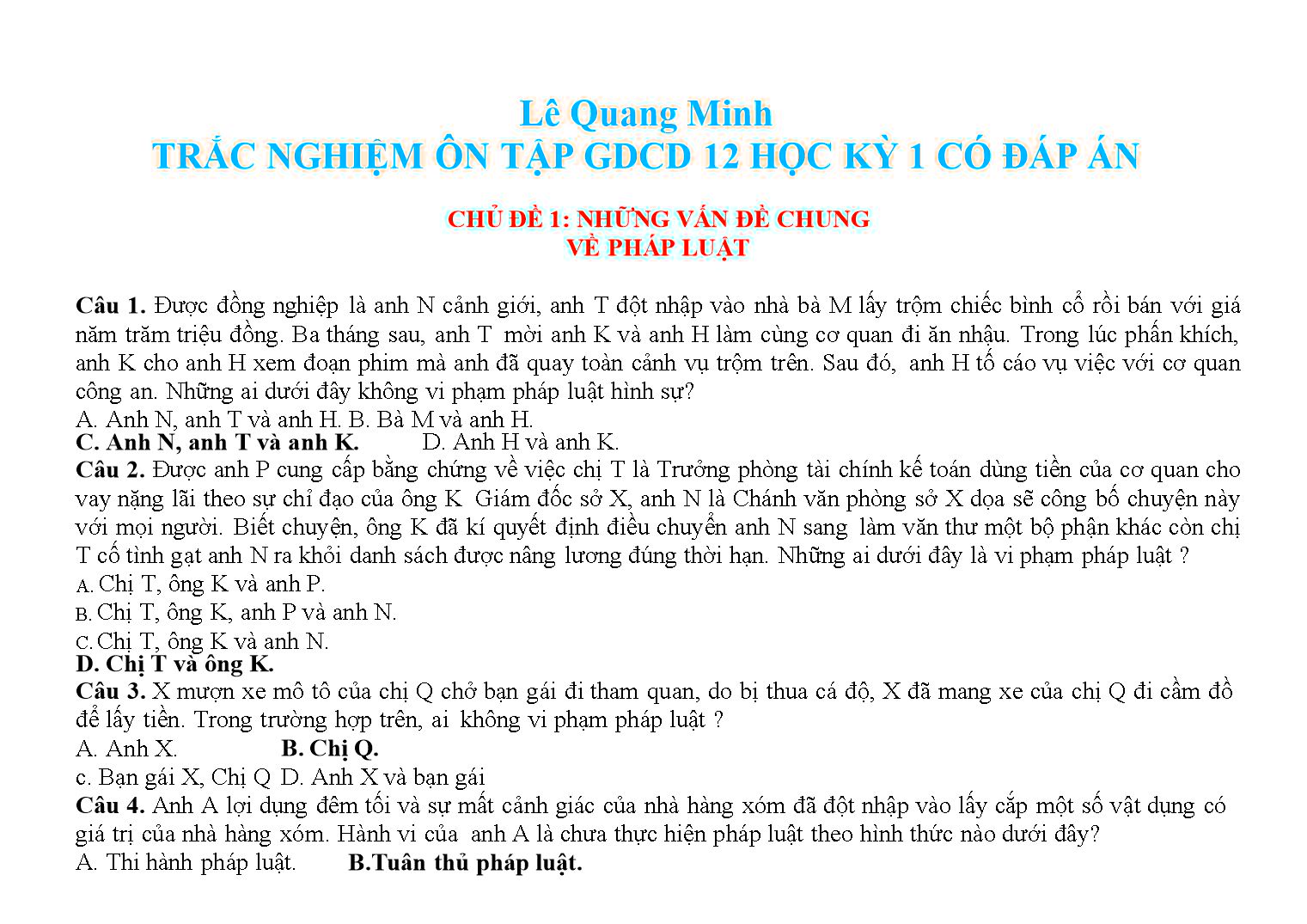 Bài tập trắc nghiệm môn Giáo dục công dân Lớp 12 - Lê Quang Minh (Có đáp án) trang 1