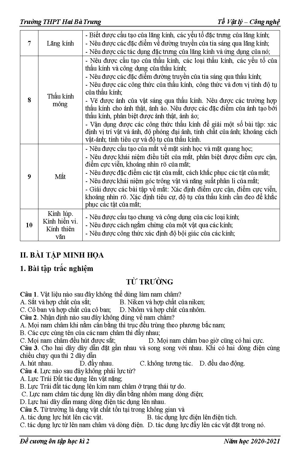 Đề cương ôn tập học kì II môn Vật lý Lớp 11 trang 2