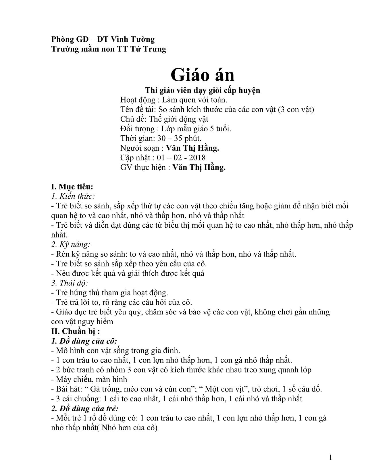 Giáo án Mầm non - Làm quen với toán: So sánh kích thước của các con vật (3 con vật) trang 1