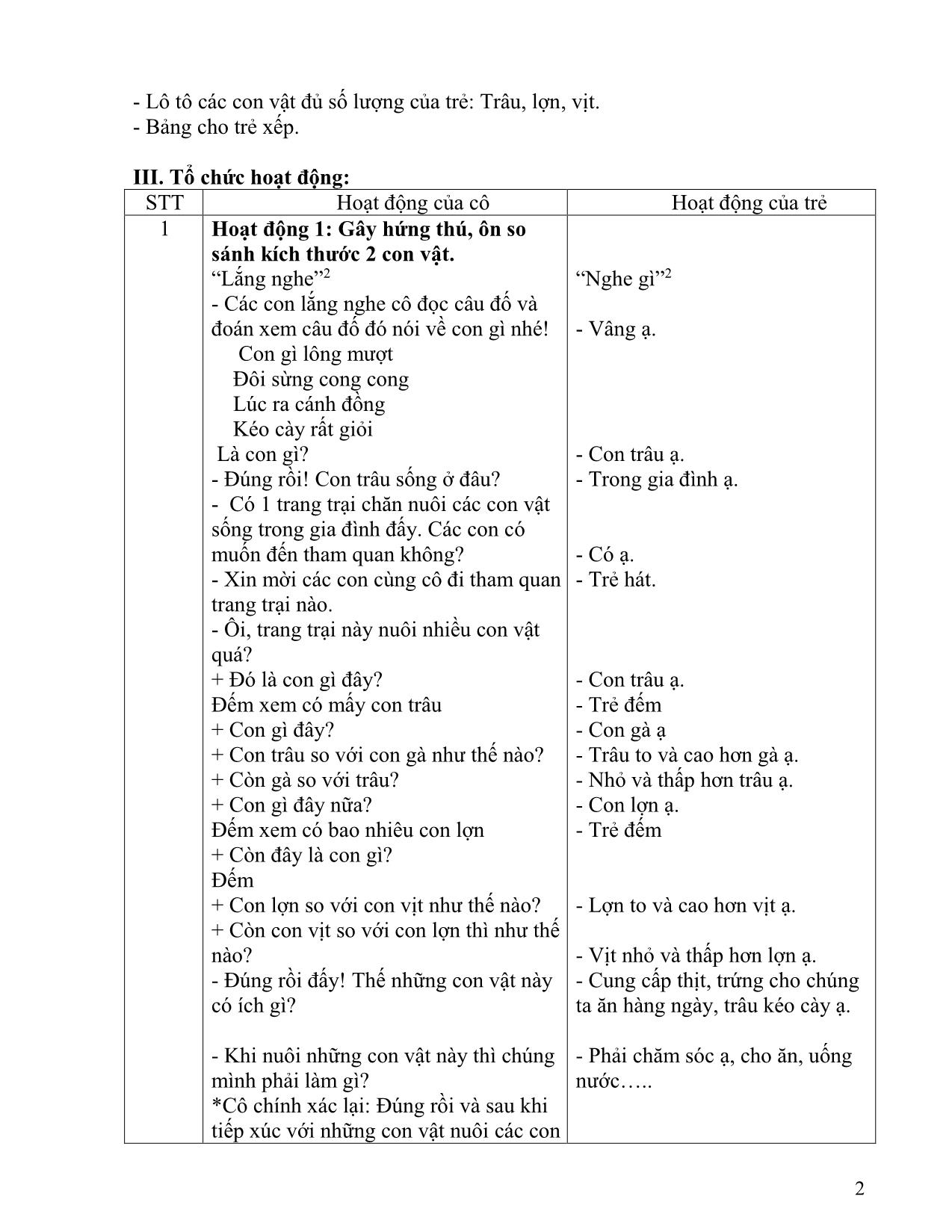 Giáo án Mầm non - Làm quen với toán: So sánh kích thước của các con vật (3 con vật) trang 2