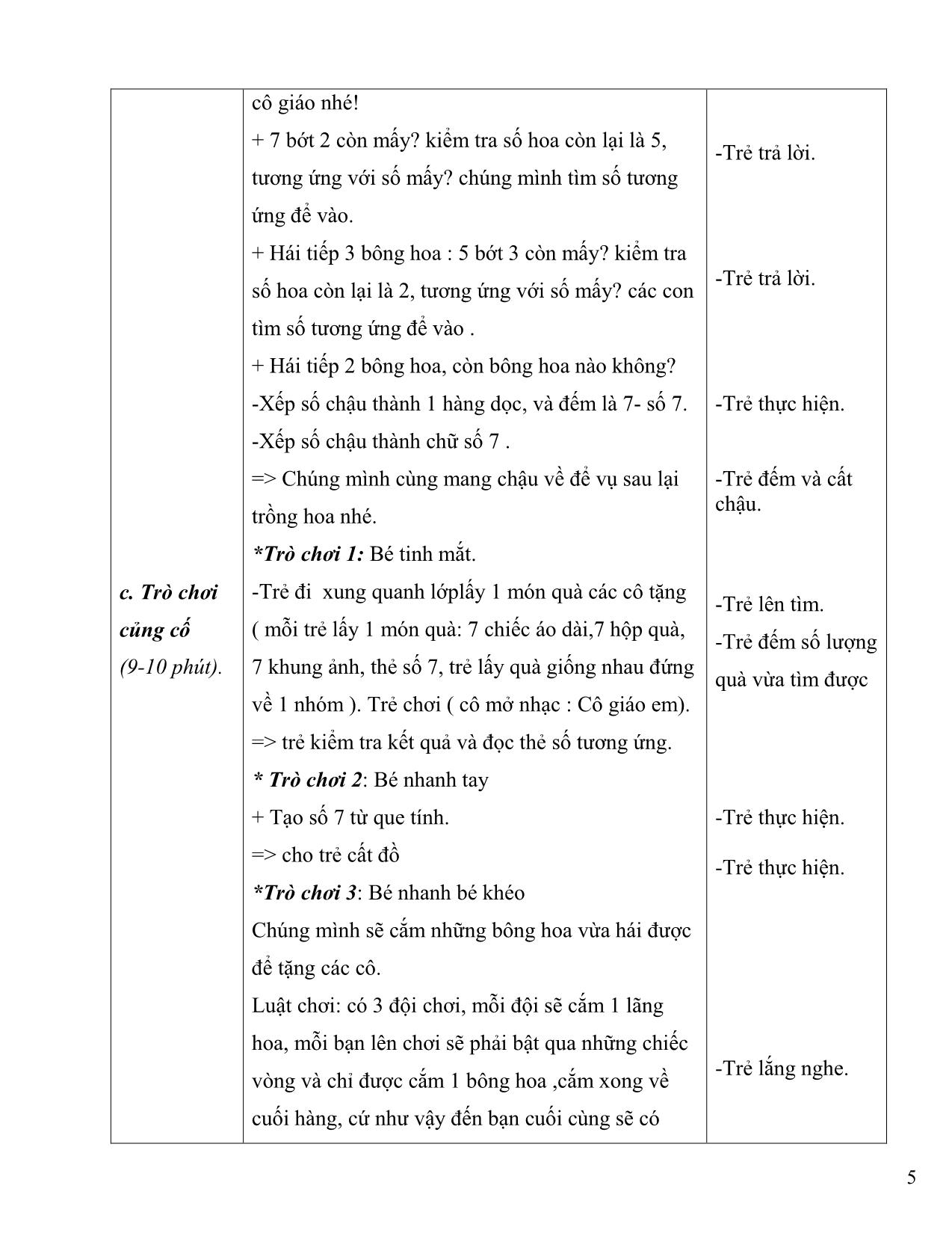 Giáo án dự thi giáo viên dạy giỏi cấp huyện - Lĩnh vực phát triển nhận thức: Đếm đến 7, nhận biết nhóm có số lượng 7, nhận biết chữ số 7 trang 5