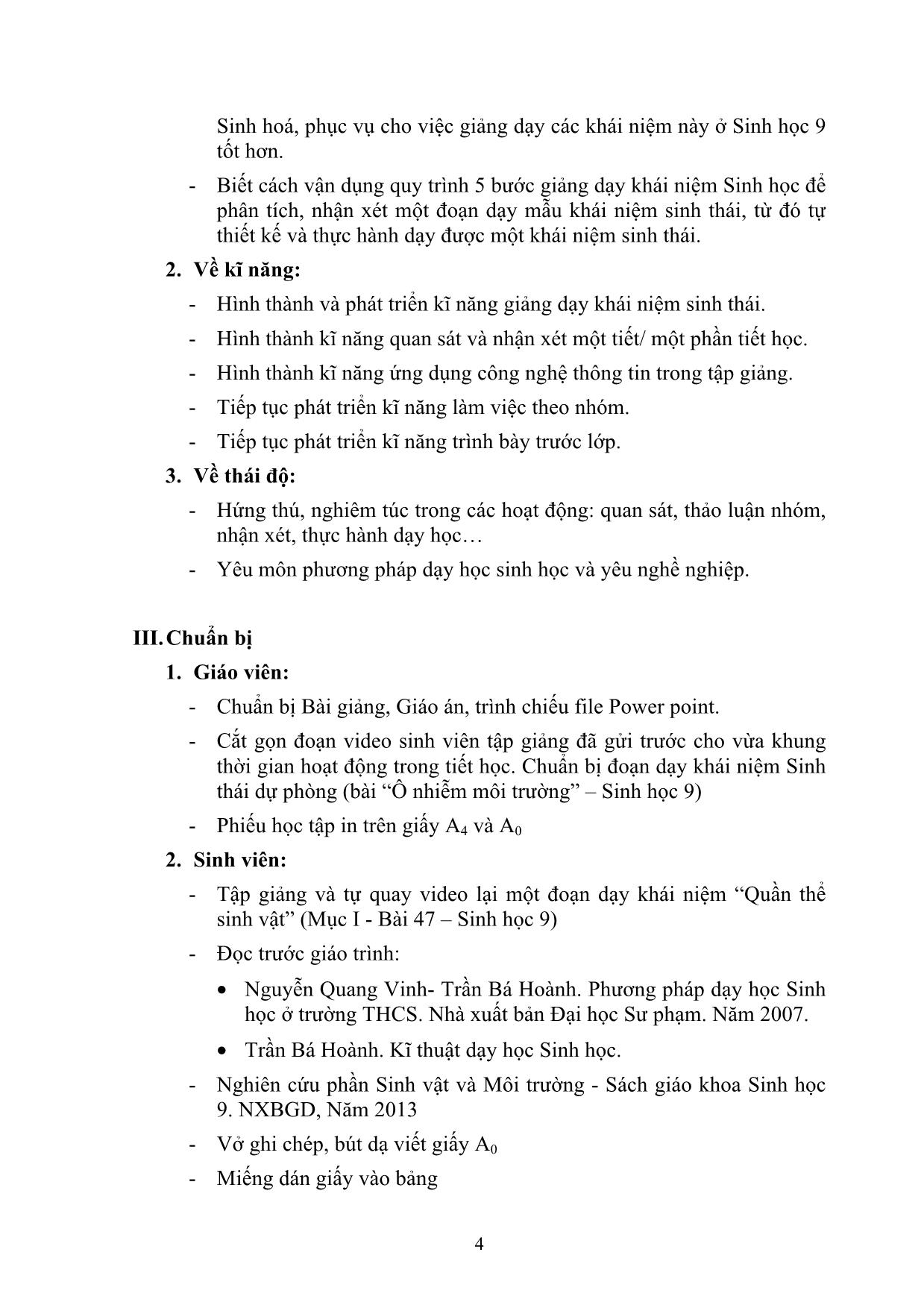 Giáo án Phương pháp dạy học Sinh học ở trường THCS - Bài: Phương pháp giảng dạy các khái niệm Sinh thái trang 4