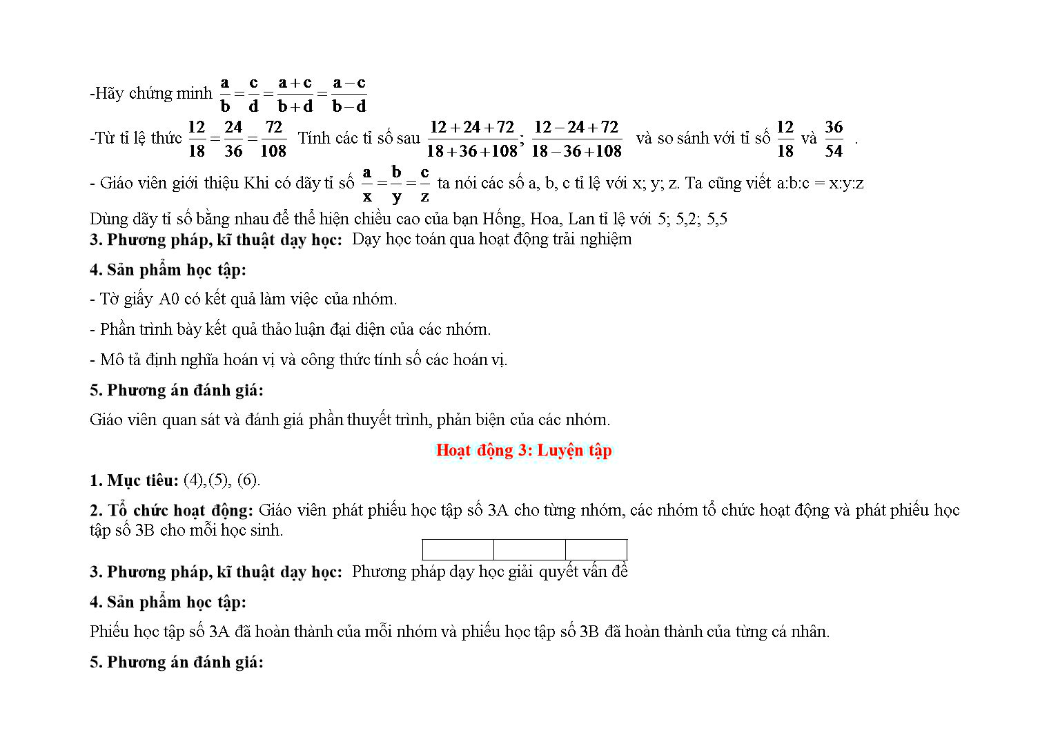 Kế hoạch bài dạy môn Toán Lớp 7 - Bài: Tính chất dãy tỉ số bằng nhau trang 6