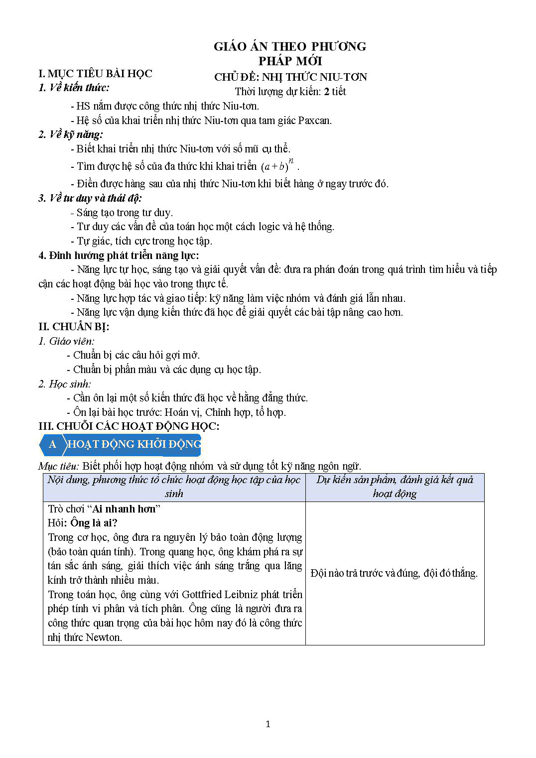 Giáo án môn Toán Lớp 10 (Theo phương pháp mới) - Chủ đề: Nhị thức Niu-tơn trang 1