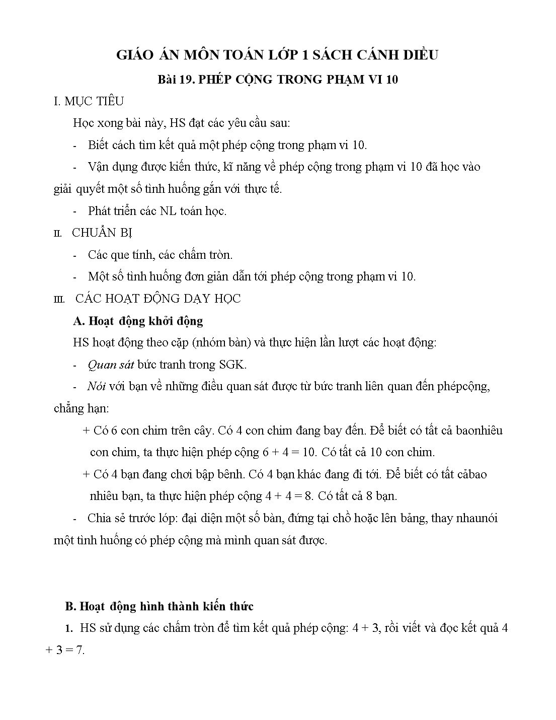 Giáo án môn Toán Lớp 1 (Cánh diều) - Bài 19: Phép cộng trong phạm vi 10 trang 1