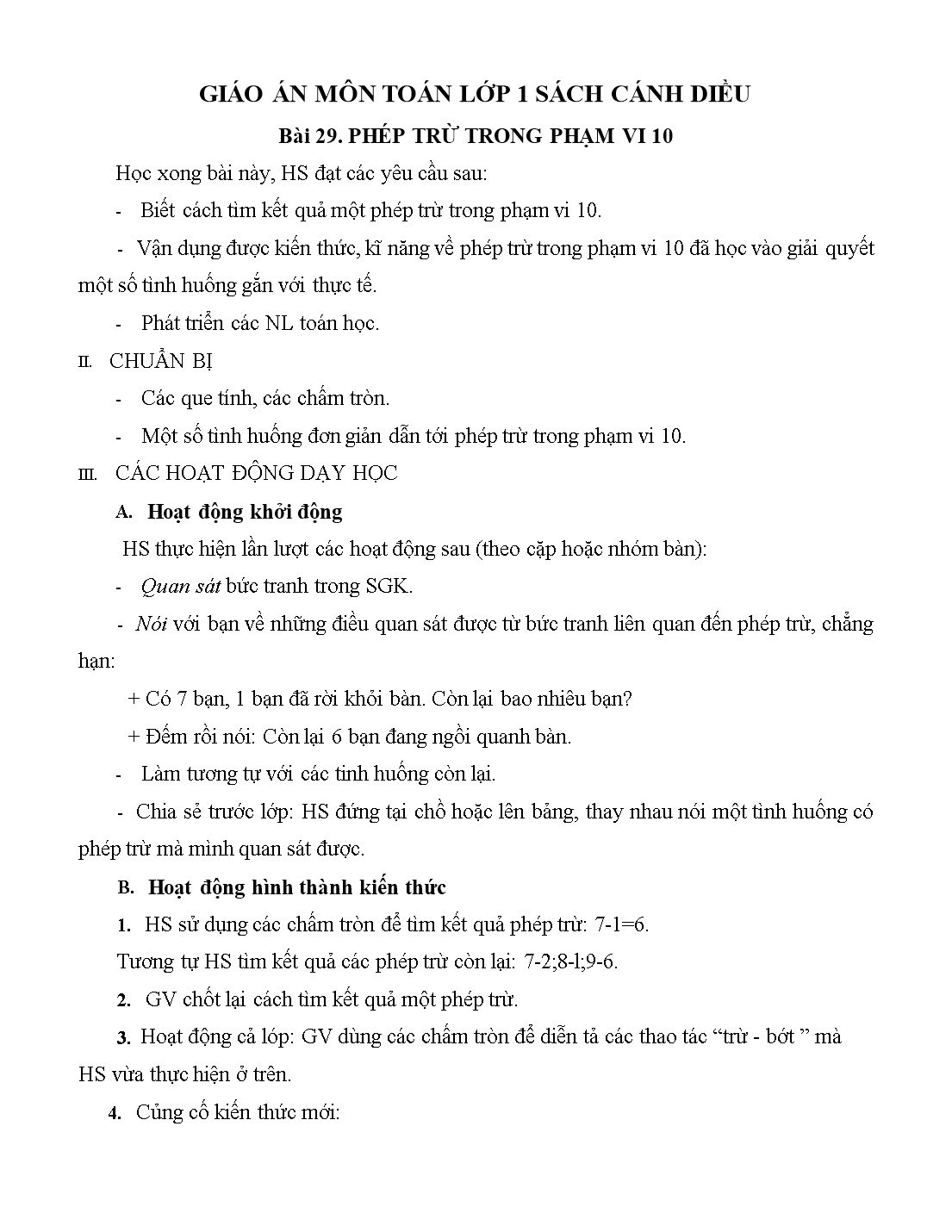Giáo án môn Toán Lớp 1 (Cánh diều) - Bài 29: Phép trừ trong phạm vi 10 trang 1