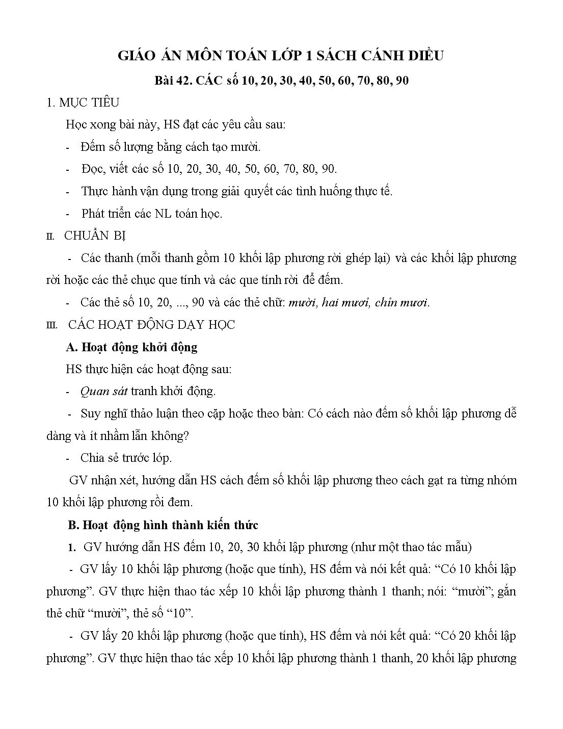 Giáo án môn Toán Lớp 1 (Cánh diều) - Bài 42: Các số 10, 20, 30, 40, 50, 60, 70, 80, 90 trang 1