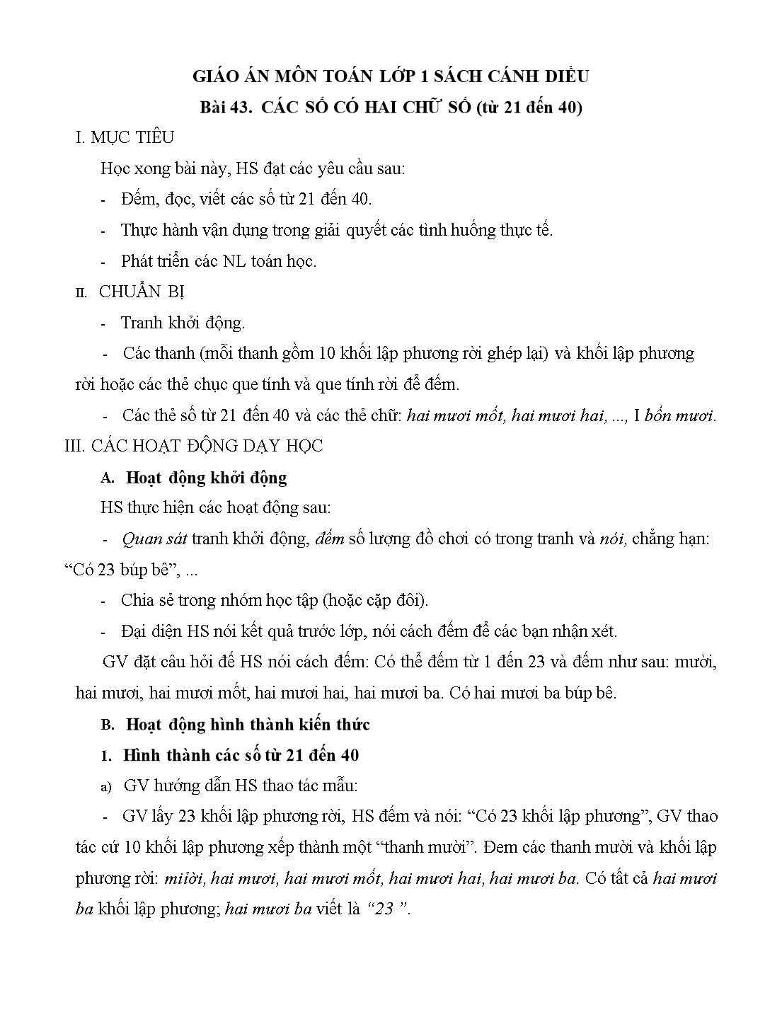 Giáo án môn Toán Lớp 1 (Cánh diều) - Bài 43: Các số có hai chữ số (Từ 21 đến 40) trang 1