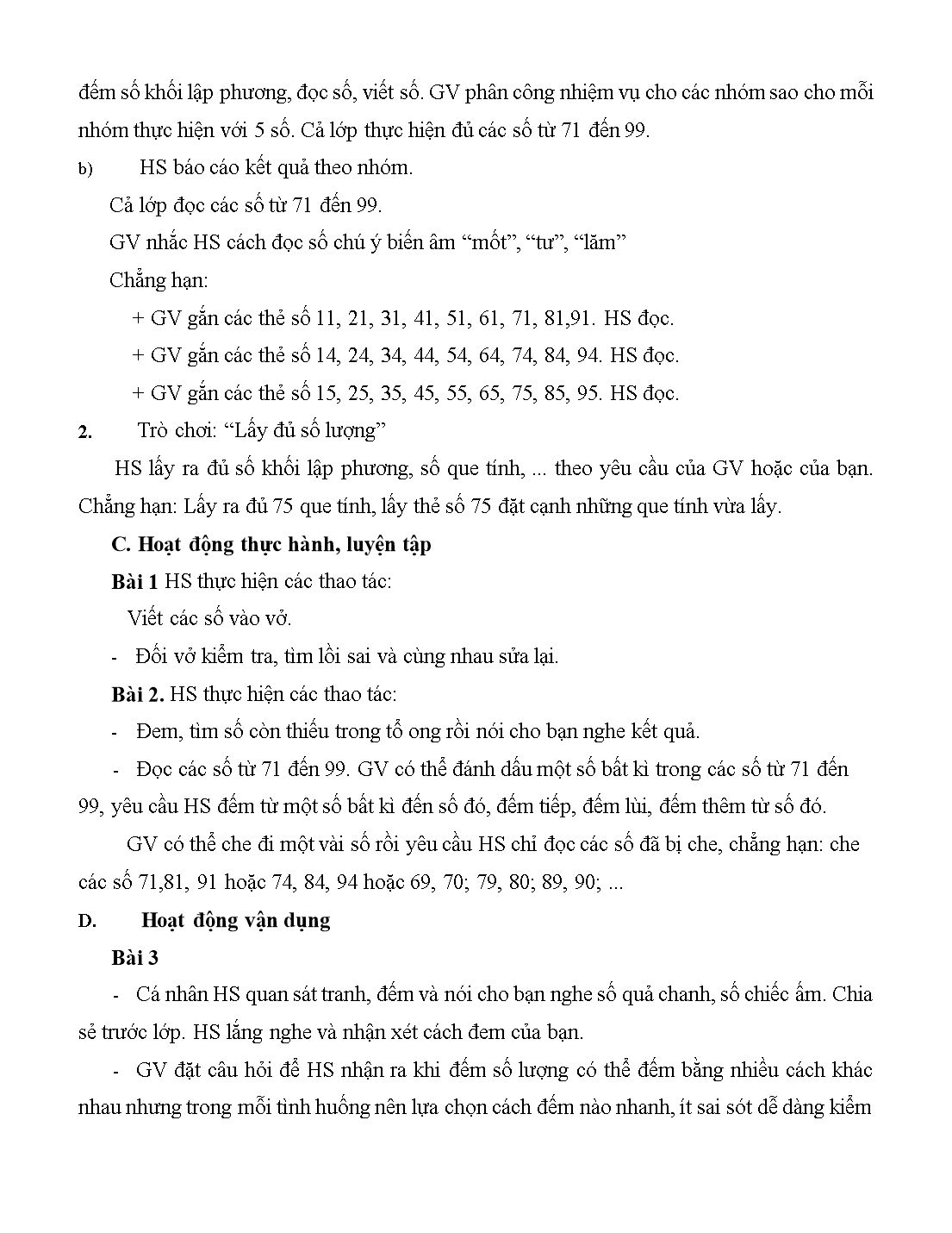 Giáo án môn Toán Lớp 1 (Cánh diều) - Bài 45: Các số có hai chữ số (Từ 71 đến 99) trang 2
