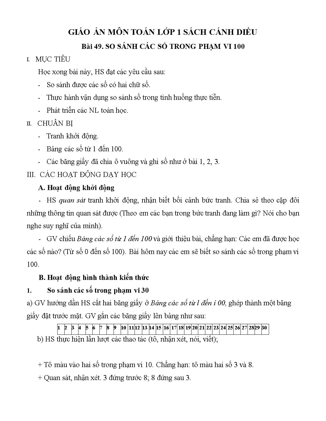 Giáo án môn Toán Lớp 1 (Cánh diều) - Bài 49: So sánh các số trong phạm vi 100 trang 1