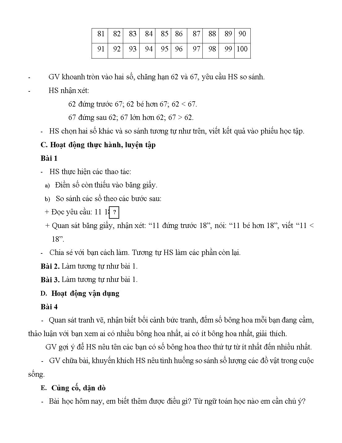 Giáo án môn Toán Lớp 1 (Cánh diều) - Bài 49: So sánh các số trong phạm vi 100 trang 3