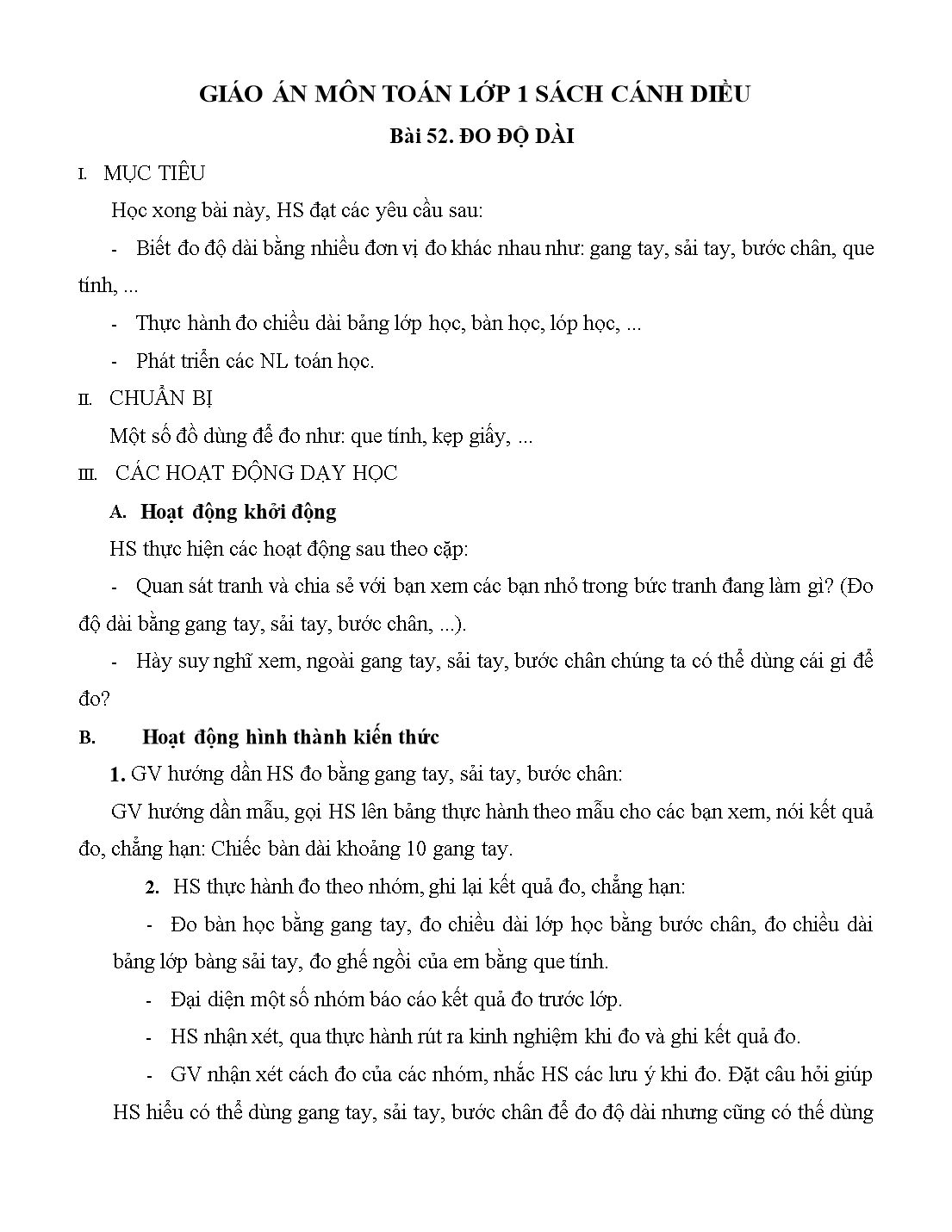 Giáo án môn Toán Lớp 1 (Cánh diều) - Bài 52: Đo độ dài trang 1