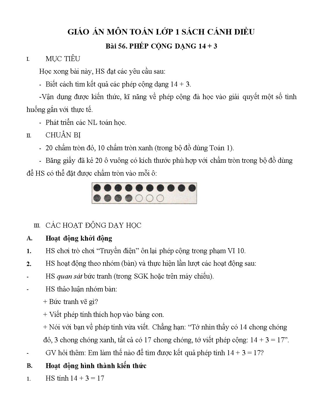 Giáo án môn Toán Lớp 1 (Cánh diều) - Bài 56: Phép cộng dạng 14 + 3 trang 1