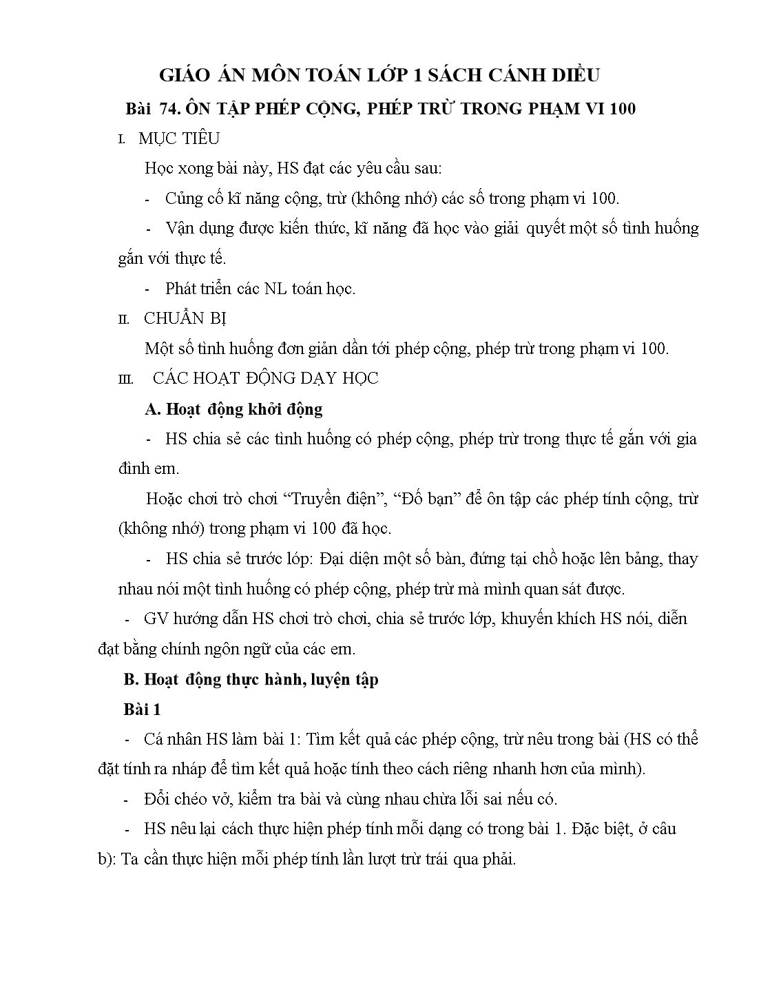 Giáo án môn Toán Lớp 1 (Cánh diều) - Bài 74: Ôn tập phép cộng, phép trừ trong phạm vi 100 trang 1