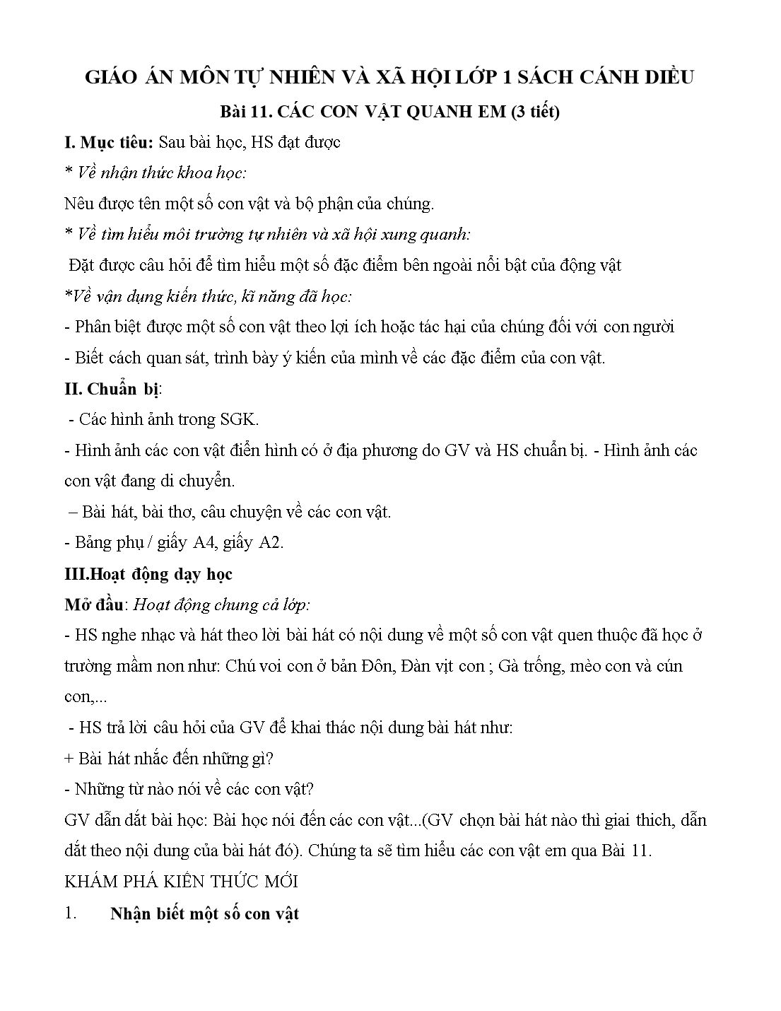 Giáo án môn Tự nhiên và xã hội Lớp 1 (Cánh diều) - Bài 11: Các con vật quanh em trang 1