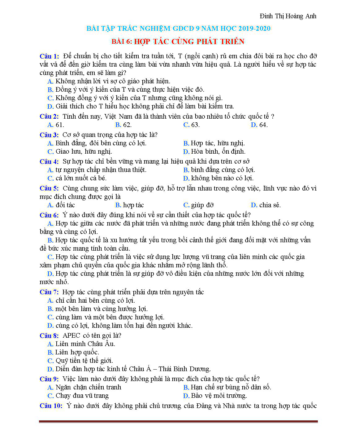 Bài tập trắc nghiệm môn Giáo dục công dân 9 - Bài 6: Hợp tác cùng phát triển - Đinh Thị Hoàng Anh trang 1