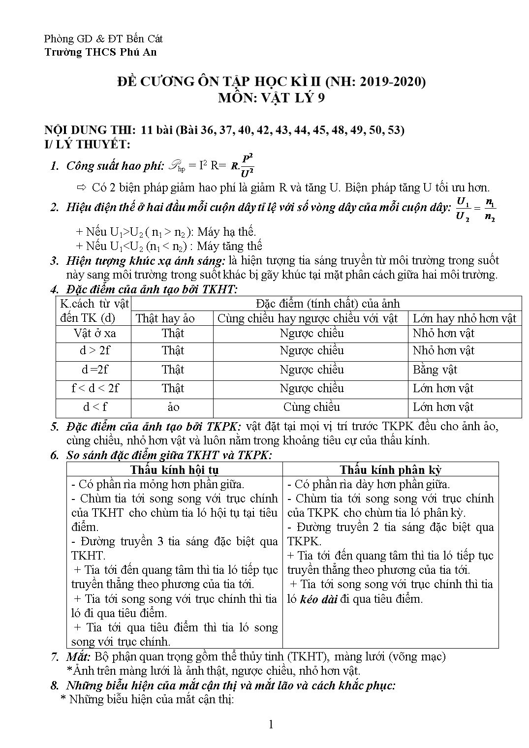 Đề cương ôn tập học kì II môn Vật lý Lớp 9 - Năm học 2019-2020 trang 1