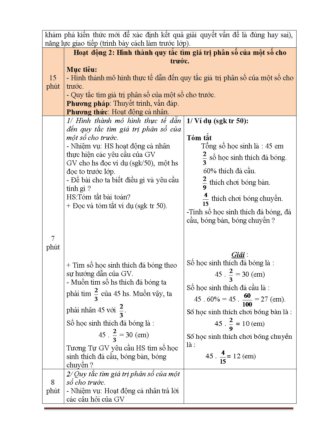 Giáo án môn Toán Lớp 6 (Theo phương pháp mới) - Tiết 96: Tìm giá trị phân số của một số cho trước trang 3