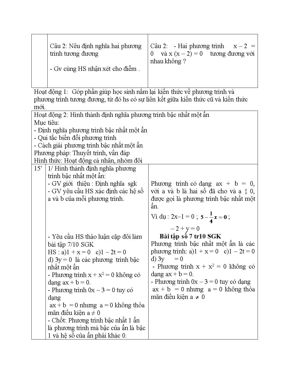 Giáo án môn Toán Lớp 8 (Theo phương pháp mới) - Chủ đề: Phương trình bậc nhất một ẩn và cách giải trang 2