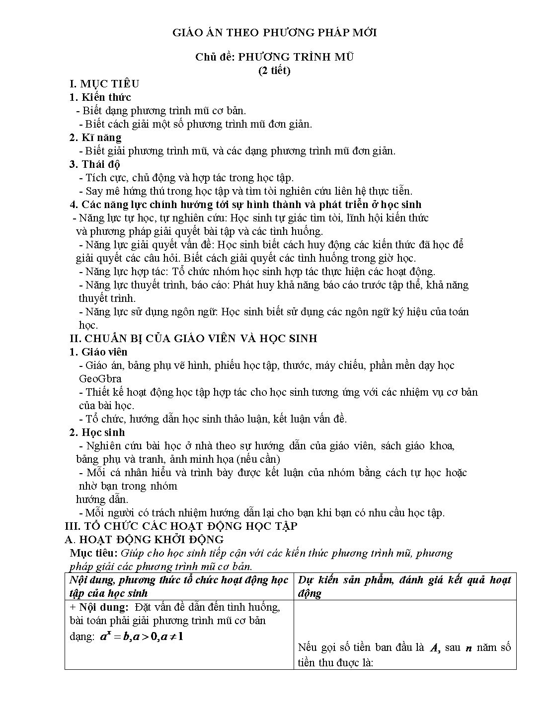 Giáo án môn Toán Lớp 12 (Theo phương pháp mới) - Chủ đề: Phương trình mũ trang 1
