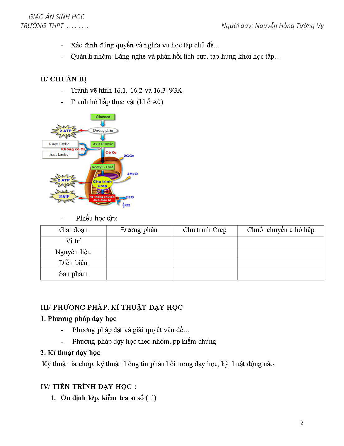 Giáo án môn Sinh học Lớp 10 - Bài 16: Hô hấp tế bào - Nguyễn Hồng Tường Vy trang 2