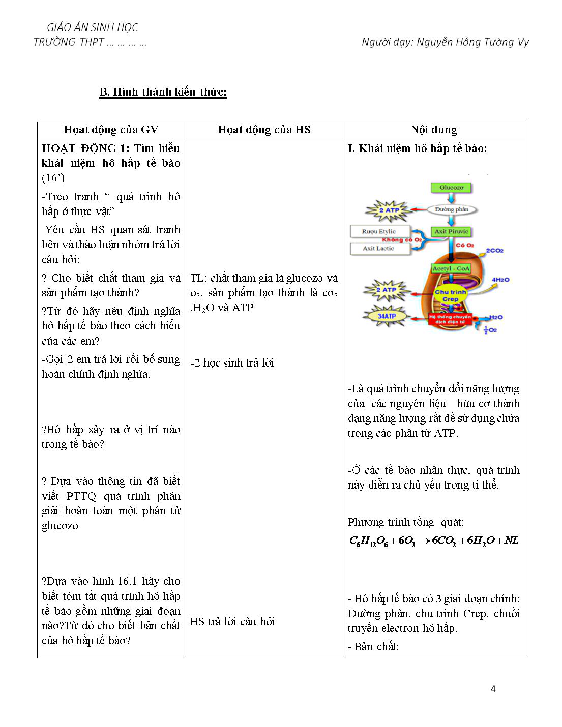 Giáo án môn Sinh học Lớp 10 - Bài 16: Hô hấp tế bào - Nguyễn Hồng Tường Vy trang 4
