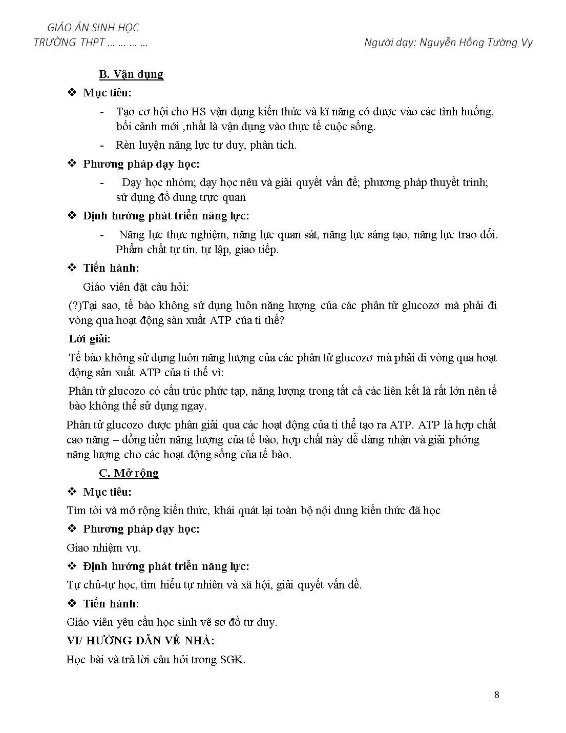 Giáo án môn Sinh học Lớp 10 - Bài 16: Hô hấp tế bào - Nguyễn Hồng Tường Vy trang 8