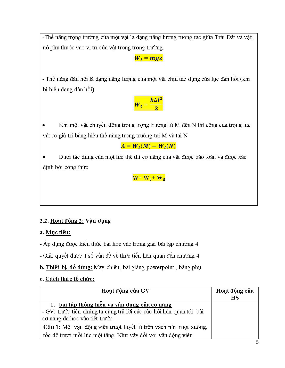 Giáo án môn Vật lí Lớp 10 - Tiết 47: Bài tập-Cơ năng-Kiểm tra thường xuyên trang 5