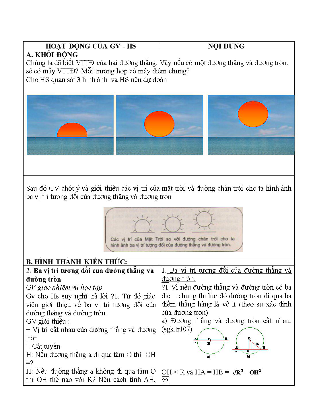 Kế hoạch bài dạy môn Toán Lớp 9 - Chủ đề: Vị trí tương đối của đường thẳng và đường tròn trang 3