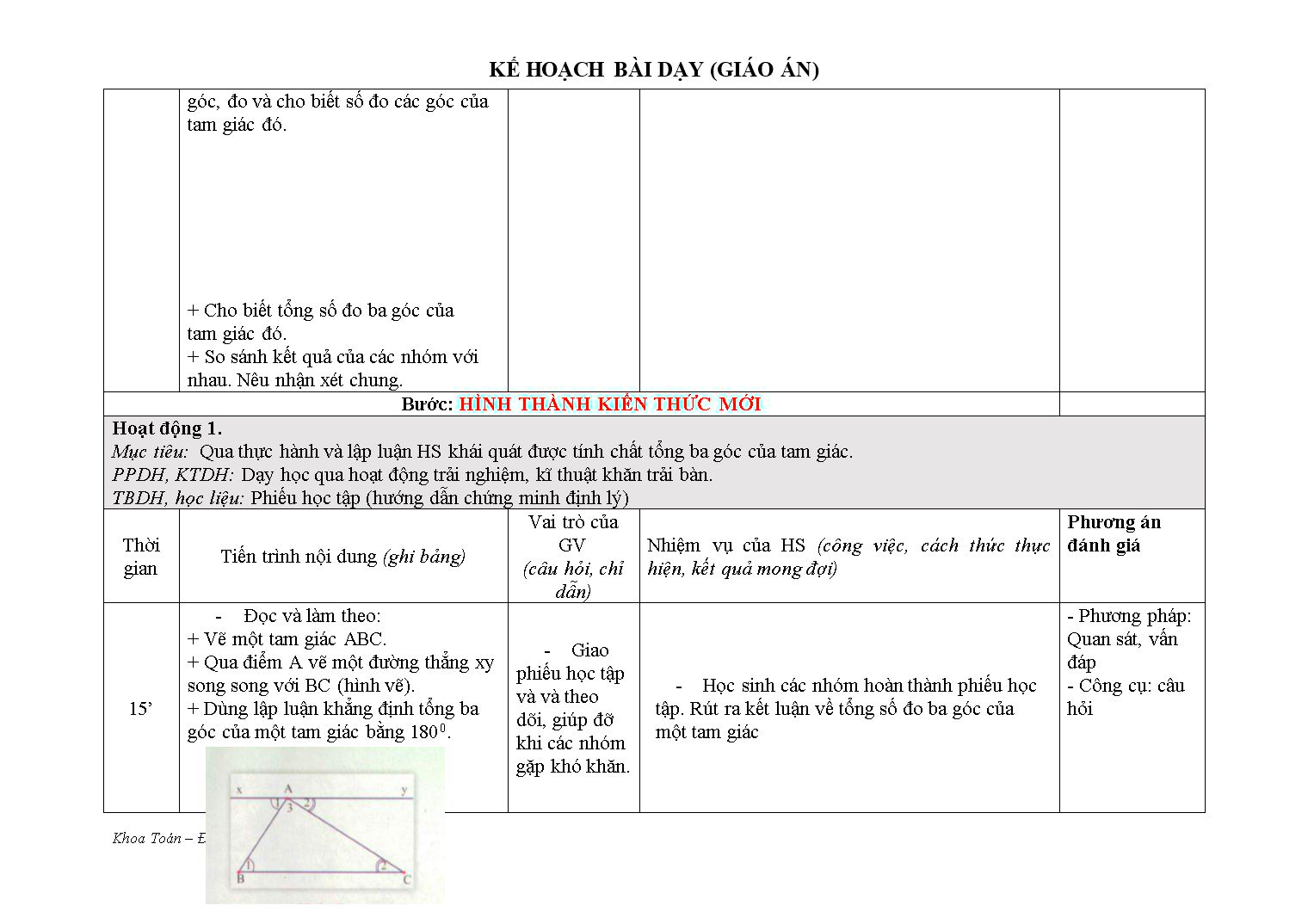 Kế hoạch bài dạy môn Toán Lớp 7 - Chủ đề: Tổng ba góc trong một tam giác trang 3