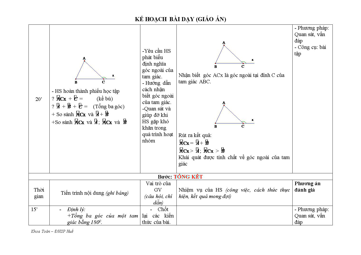 Kế hoạch bài dạy môn Toán Lớp 7 - Chủ đề: Tổng ba góc trong một tam giác trang 6
