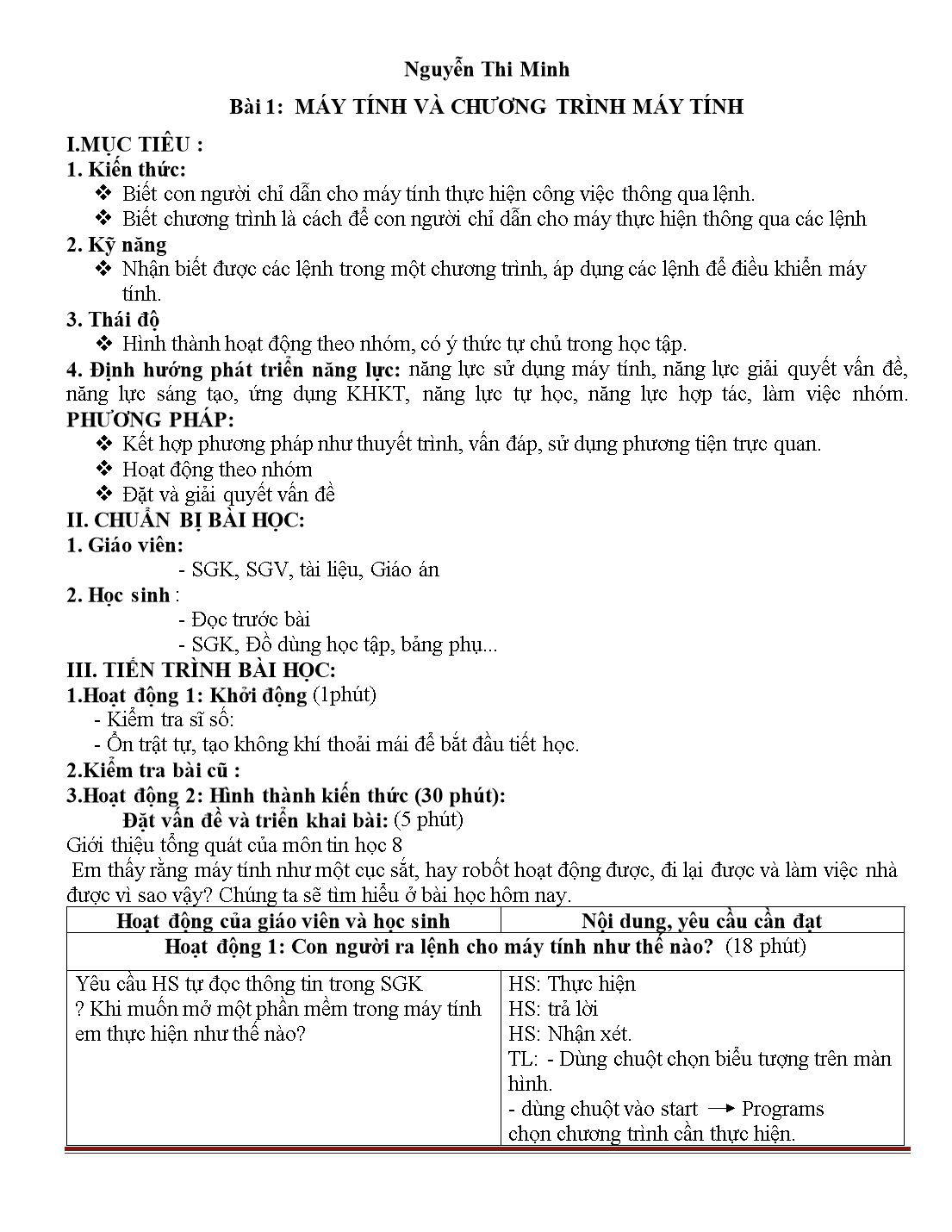 Giáo án môn Tin học Lớp 8 - Bài 1: Máy tính và chương trình máy tính - Nguyễn Thị Minh trang 1