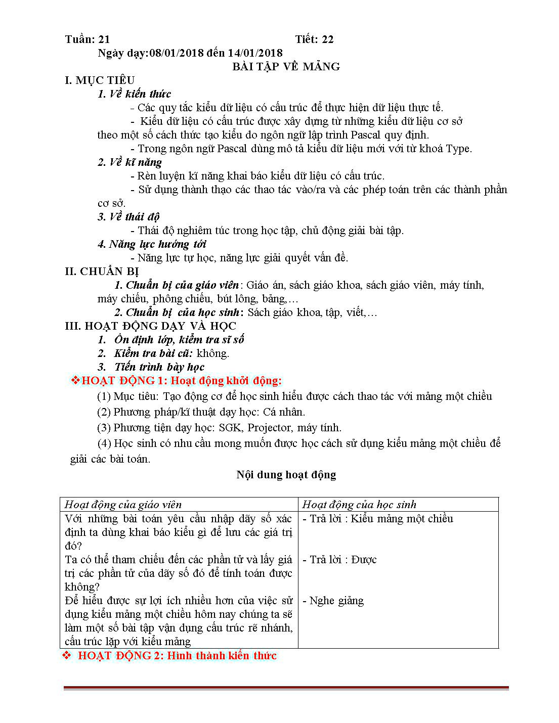 Giáo án học kì 2 môn Tin học Lớp 11 trang 10