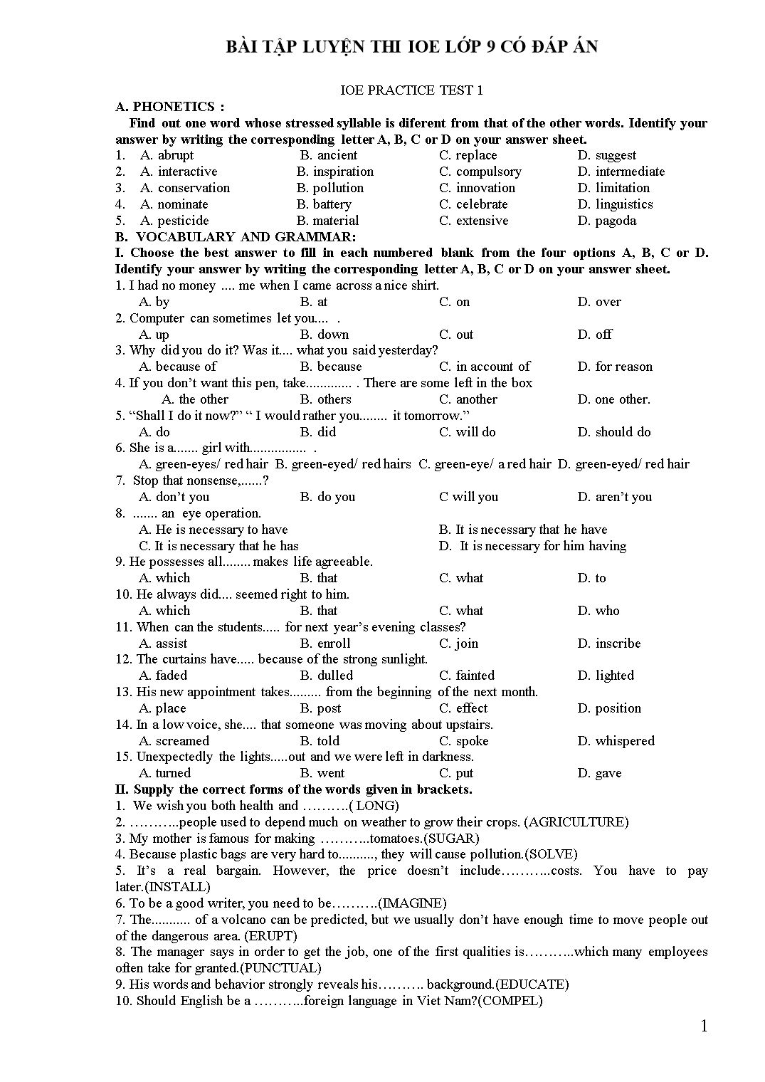 Bài tập luyện thi IOE lớp 9 (Có đáp án) trang 1