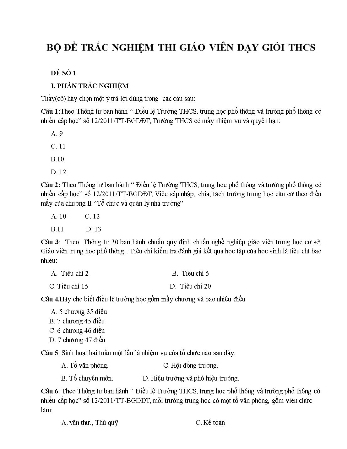 Bộ đề trắc nghiệm thi giáo viên dạy giỏi THCS trang 1