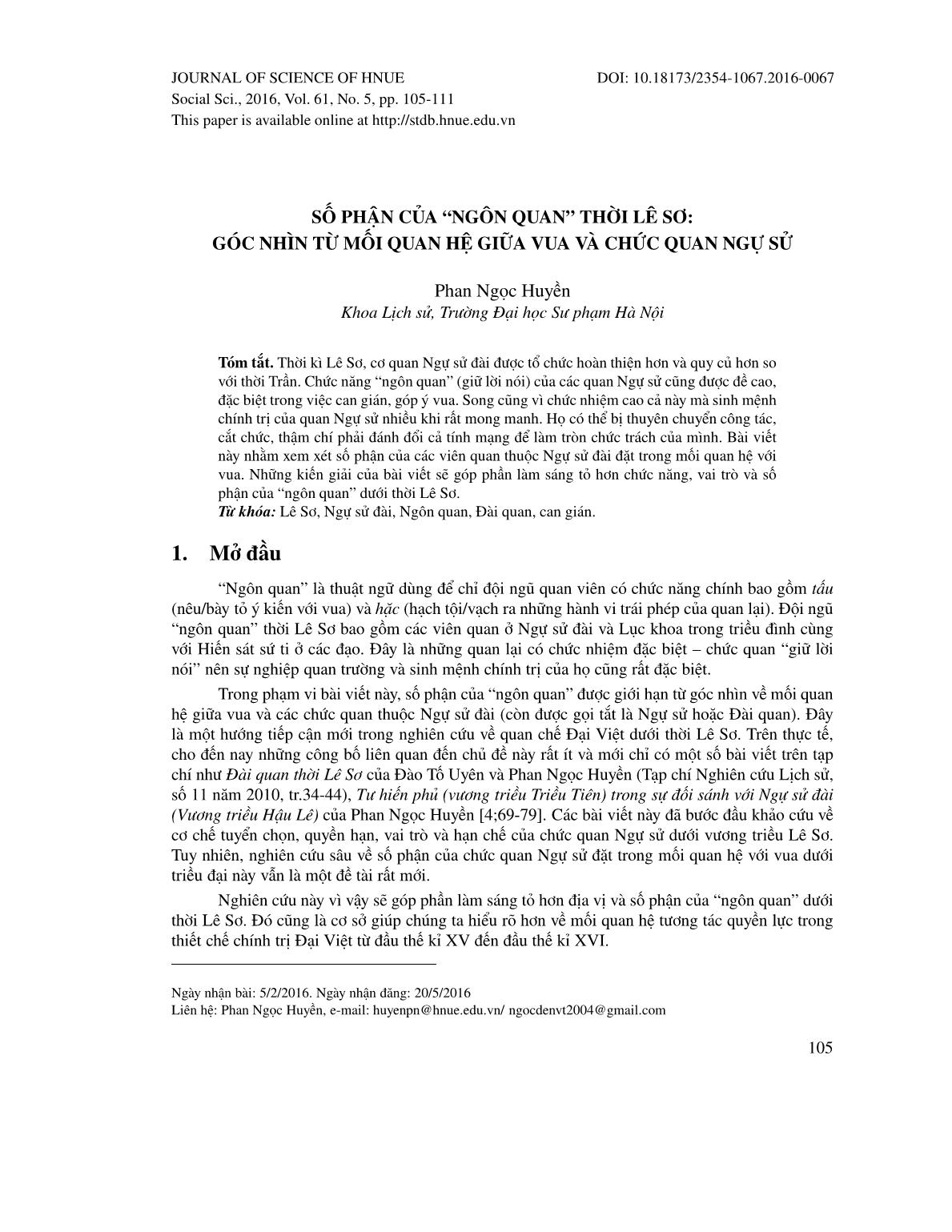 Số phận của “ngôn quan” thời Lê Sơ: Góc nhìn từ mối quan hệ giữa vua và chức quan ngự sử trang 1