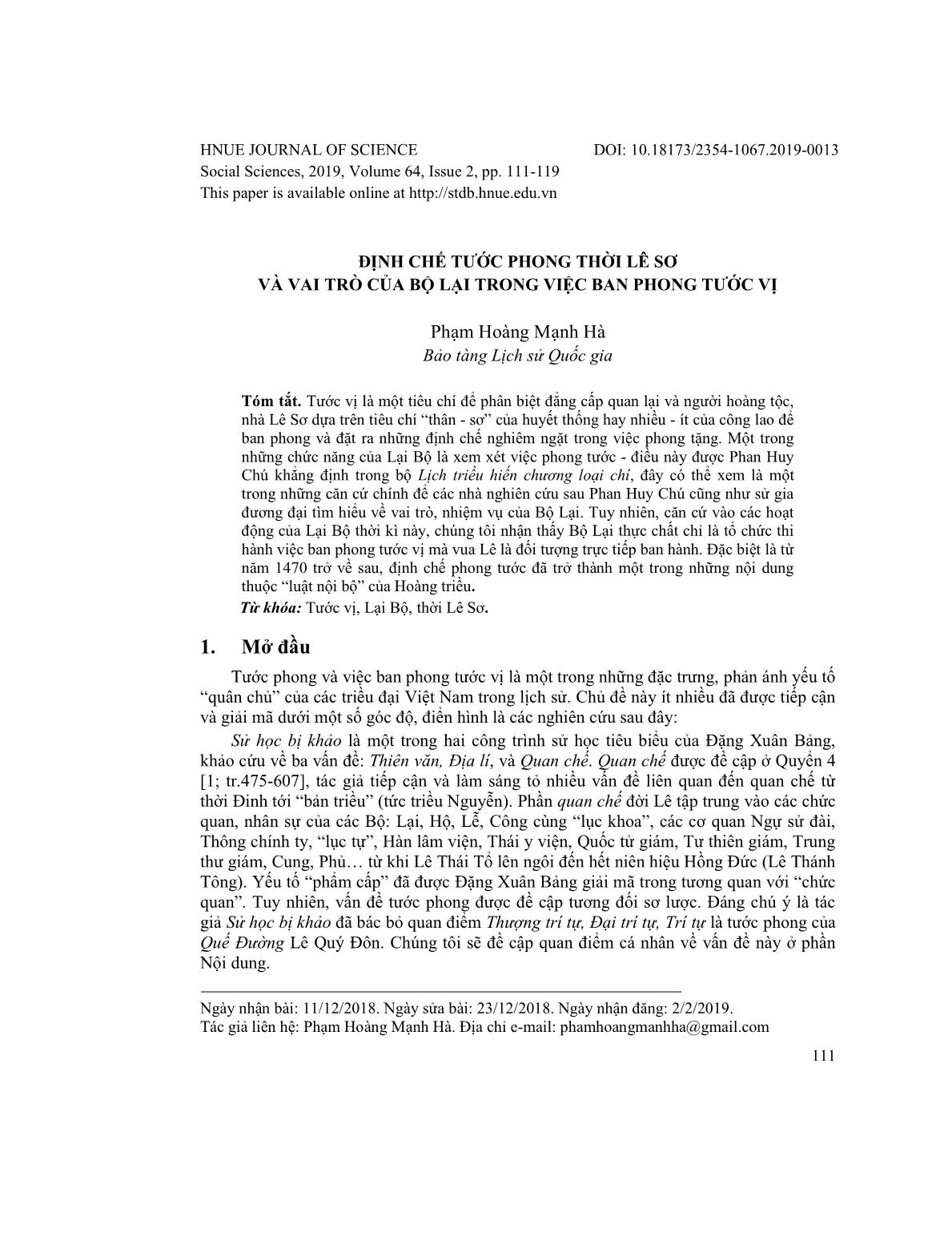 Định chế tước phong thời Lê Sơ và vai trò của bộ lại trong việc ban phong tước vị trang 1