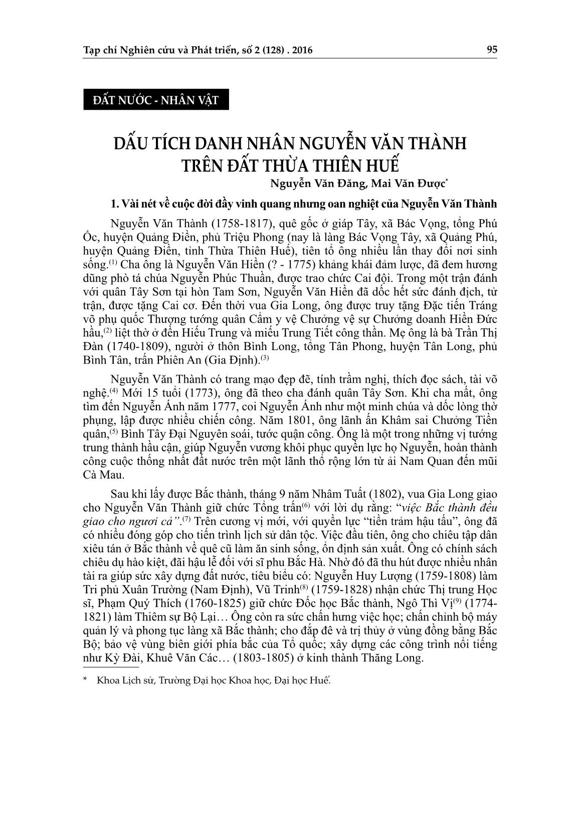 Dấu tích danh nhân Nguyễn Văn Thành trên đất Thừa Thiên Huế trang 1