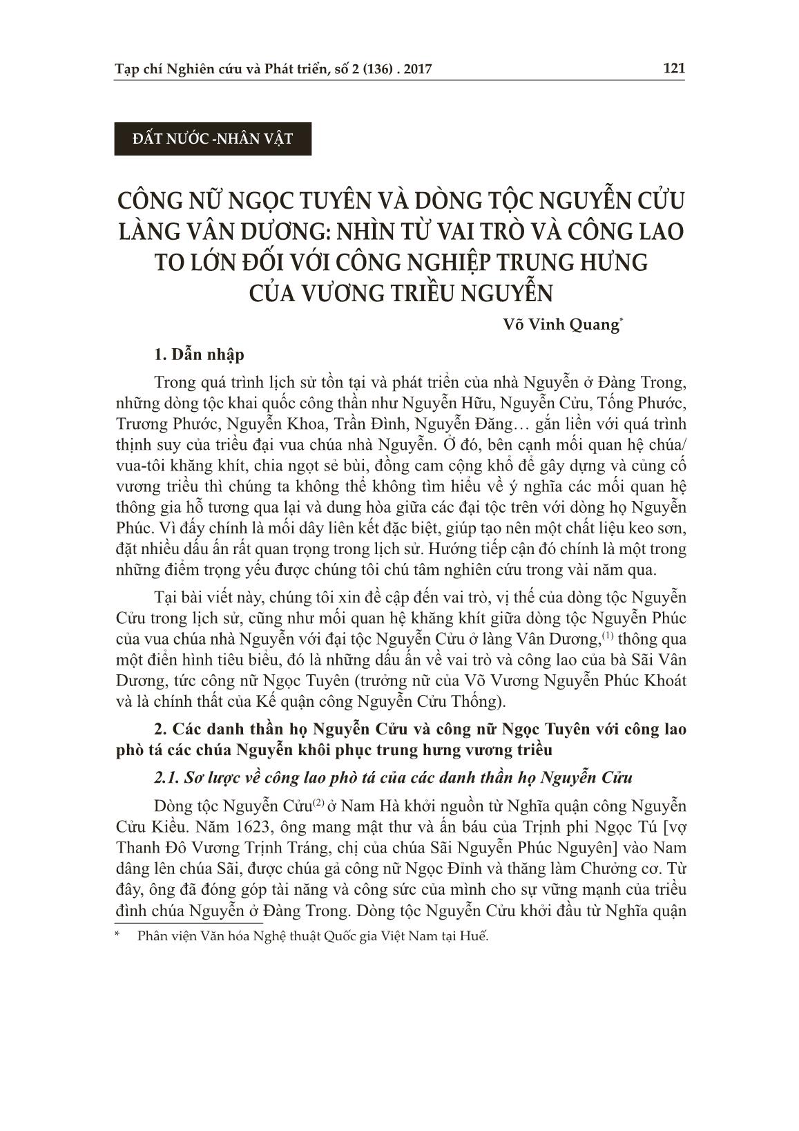 Công nữ Ngọc Tuyên và dòng tộc Nguyễn Cửu làng Vân Dương: Nhìn từ vai trò và công lao to lớn đối với công nghiệp Trung Hưng của vương triều Nguyễn trang 1
